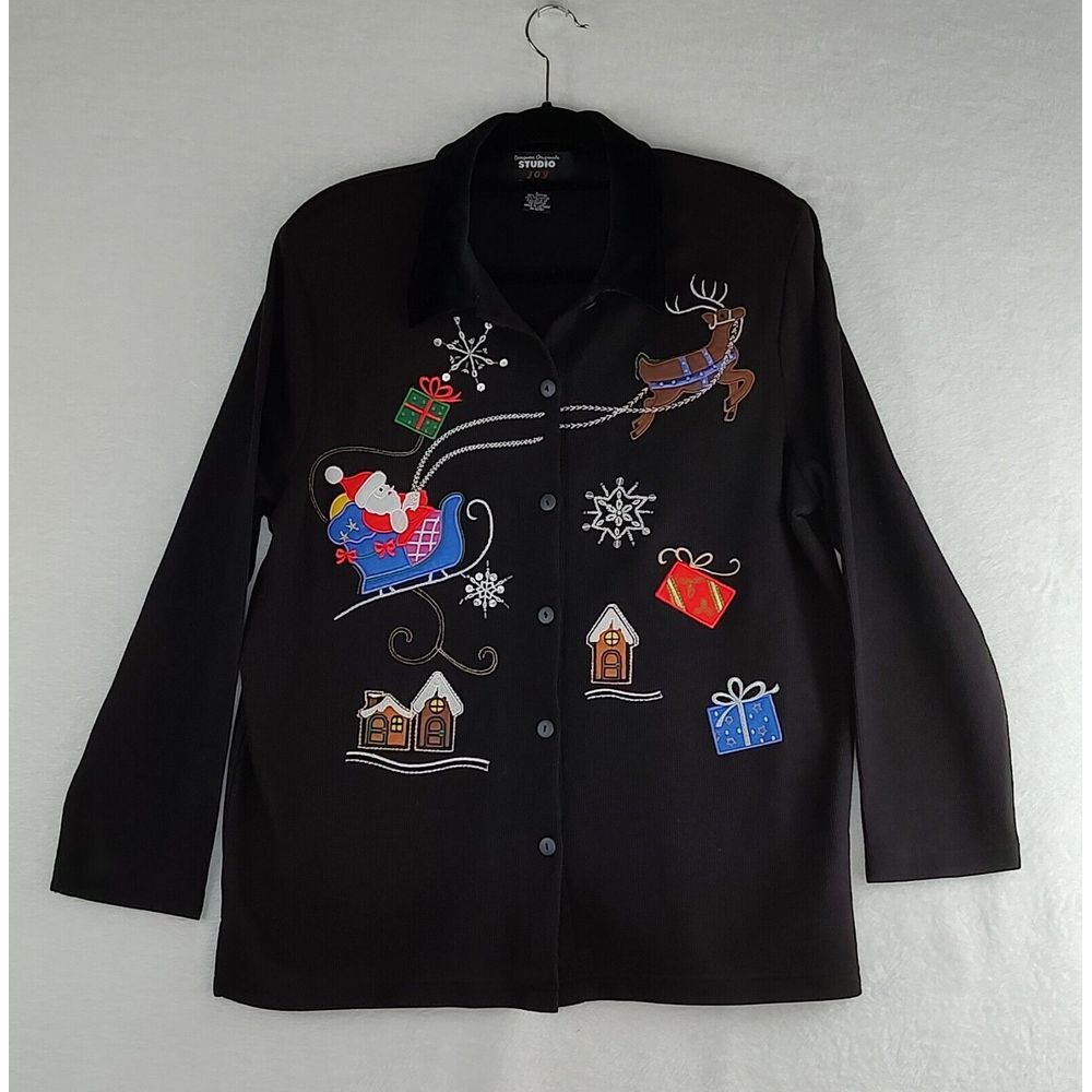Designers Originals Studio Joy Christmas Cardigan Large Black Santa‎ Reindeer L